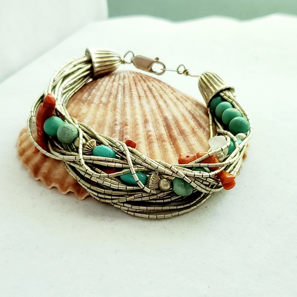 RARE Carolyn Pollack Liquid Silver Gemstone Layered Bead Bracelet Vintage RARE - Picture 1 of 15